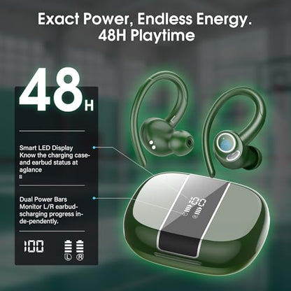Wireless Sports Earbuds with Earhooks, 48H Deep Bass/ENC Mic Ear Bud Green | Wireless Earphone with LED Display, Bluetooth 5.3 Headphones In Ear, IPX7 Waterproof Over Ear Buds for Running/Workout - color: Green