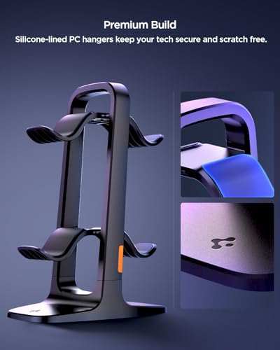 Spigen Gaming Controller and Headset Stand for PlayStation, Xbox, Nintendo Switch 2, Razer, Gaming Headphones and Headsets, Universal Desk Stand Mount, 2 Tiers with Storage Cable Organizer - Black