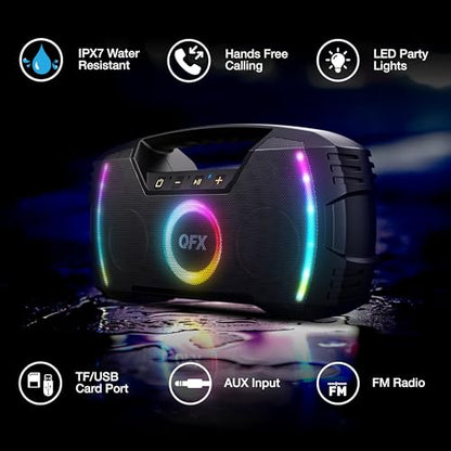 Powerful & Portable Waterproof All Terrain Bluetooth Speaker with Deep Bass, LED Party Lights, Fast USB-C Charging, FM Radio, AUX – QFX BT-ZX35 | Powerful 2.7" Full-Range Drivers, Deep Bass, Fast USB-C Charging, FM Radio, LED Party Lights, AUX/USB/TF Card