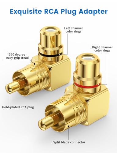 90° RCA Adapter Right Angle RCA Connector 2-Pack | Pure Copper, 24K Gold Plated RCA Male to Female Adapter for Wall-Mount TVs, Home Theater Systems, Subwoofers & Amplifiers - color: Gold - 2 Pack