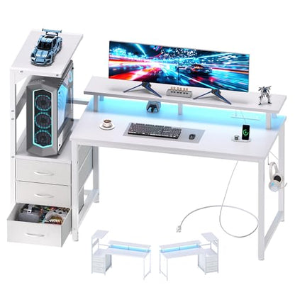 52" Reversible Gaming Desk with LED Lights Power Outlets, White