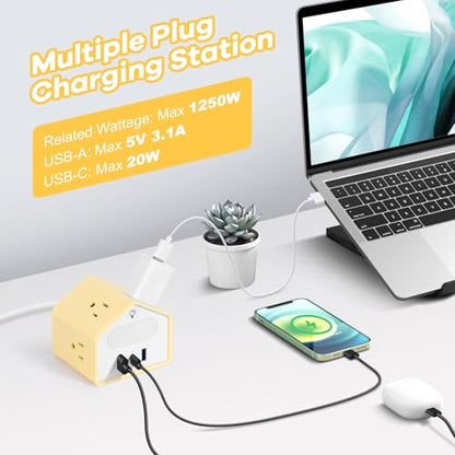 Power Strip with Night Light, 20W USB C Desk Charging Station, Yolk-Yellow | 4 Outlets 3 USB Ports, Overload Protection, Desk Nightstand Couch Makeup, Electronic Accessories - color: Yolk-Yellow
