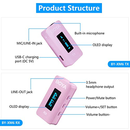 BOYA BY-XM6-K2P Dual Wireless Lavalier Microphone System with 2 Transmitters for DSLR Camera Camcorder Smartphones in Vlog YouTube Video Facebook Live (Pink)