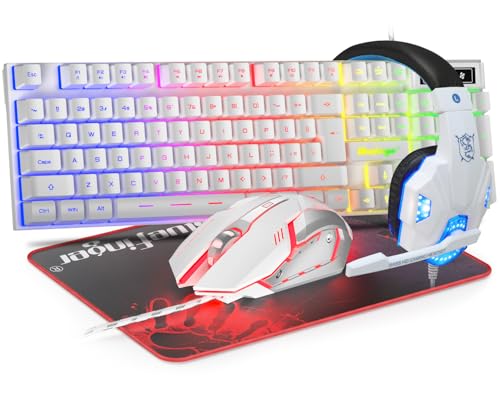 BlueFinger RGB Gaming Keyboard and Backlit Mouse and Headset Combo, USB Wired Backlit Keyboard, LED Gaming Mouse Set, Headset with Microphone for Laptop PC Computer Game and Work, White - color: White