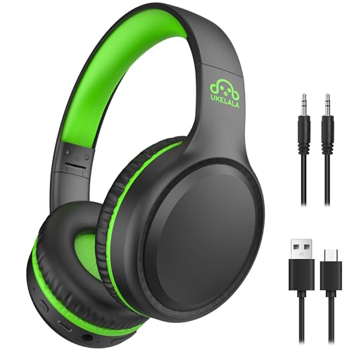 UKELALA U2B ANC Wired & Wireless Bluetooth 6.0 Headphones Foldable with Mic | Up to 30 Hrs Battery, Noise Canceling Foldable Lightweight Head phones with Volume Control‌ for Kids Adult School Black Green - color: Green/Black
