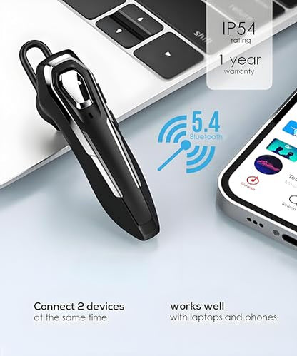 Single Ear Bluetooth Headset for Calls, Lightweight Wireless Earpiece | with Noise Canceling Microphone, 36Hrs Talk Time, Hands-Free Headset for Driving/Office, Crystal Clear Calls (Black)