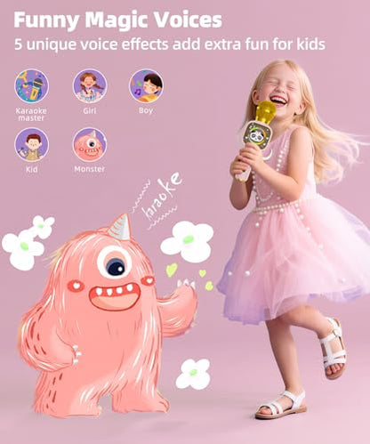 Kids Karaoke Microphone Mini, Bluetooth Voice Changer Toy Ages 3-12, Pink | LED Party Lights, Rechargeable Portable, Long Playtime, Duets, BT 5.3, Christmas Birthday Gifts for Toddler Boys & Girls - color: pink - 1