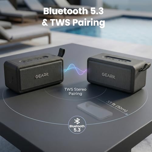 GEARit 40W Waterproof Portable Bluetooth Speaker, Loud Bass, AUX & TWS | IPX6 waterproof, deep bass, indoor/outdoor EQ; AUX, USB-C, USB-A, MicroSD playback; TWS pairs two for stereo - size: Inline - 40W