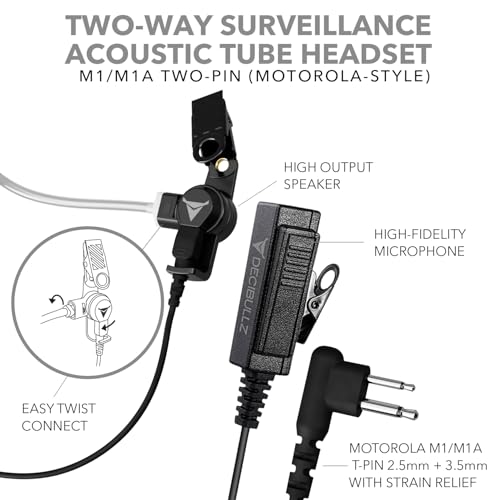 Decibullz 2-Way Surveillance Acoustic Tube Headset, M1 Earpiece Audio Set Compatible with Motorola 2-Pin (2.5mm & 3.5mm) M-Plug Jack Connector, Inline PTT Mic, Clear Coil - style: M1 2-Way Headset