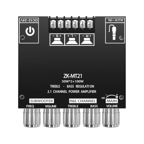 ZK-MT21 2.1 Channel Bluetooth Amplifier Board – Mini 12V-24V Audio Amplifier with Subwoofer Output, Bass Treble Control 50W+50W+100W– DIY HiFi Home TV Amp for Passive Speakers - size: ZK-MT21