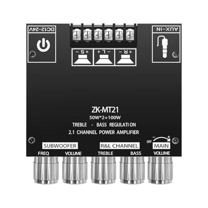 ZK-MT21 2.1 Channel Bluetooth Amplifier Board – Mini 12V-24V Audio Amplifier with Subwoofer Output, Bass Treble Control 50W+50W+100W– DIY HiFi Home TV Amp for Passive Speakers - size: ZK-MT21