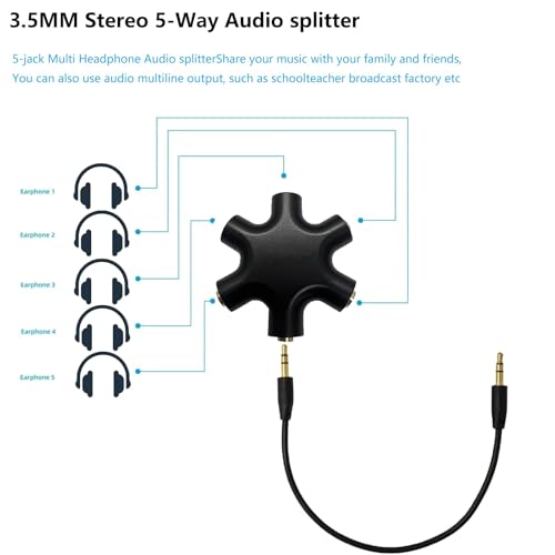 5-Jack Audio Headphone Splitter 5 Way for 3.5mm Devices Multi Earphone Splitter Adaptor 5 Ports Female Connector Adapter (1 Pack) - size: 1 pack