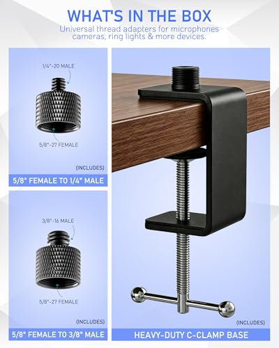 KB47 Table Microphone Clamp Mount, 5/8-27 Male and 3/8-16 Female Threads | Heavy-Duty 2-Pack Desk Mic Stand Base for Boom Arms and Goosenecks, Fits Thick Desks up to 2.36 in, Includes 4 Thread Adapter - color: C-CLAMP MOUNT (2PCS)