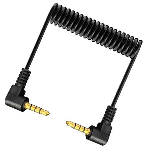 90 Degree 1/8" Male to Male Jack 4 Pole TRRS Extension Aux Spring Cord | Coiled Right Angle 3.5mm Stereo Audio Cable for PC,TV, Recorders,MP3,Card Holder,Amplifier,Speaker
