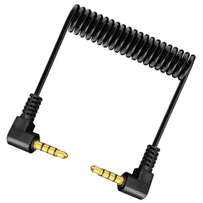 90 Degree 1/8" Male to Male Jack 4 Pole TRRS Extension Aux Spring Cord | Coiled Right Angle 3.5mm Stereo Audio Cable for PC,TV, Recorders,MP3,Card Holder,Amplifier,Speaker
