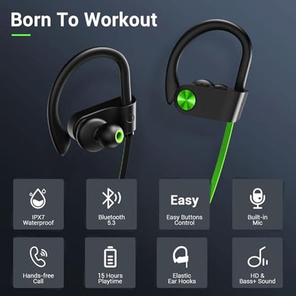 Bluetooth 5.3 Headphones, Wireless Sports In-Ear Earbuds IPX7 Waterproof | 16 Hours Playtime, Sweatproof Stereo Earphones with MIC, Noise Cancelling Headsets for Gym Running Workout, Clear Sound - color: Green