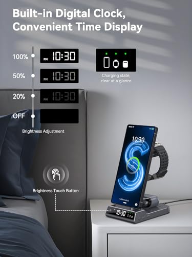 Wireless Charger for Samsung S25 with Clock 3 in 1 Android Charging Station | Charging Station for Galaxy S25 Ultra,Z Flip 7,Fold,Galaxy Bud,Watch Charger for Galaxy Watch 8,7,6,5Pro, Nightstand Charger - color: Grey