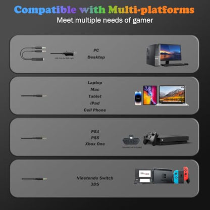 Cat Ear Gaming Headset with Microphone, RGB Rainbow Lighting, Surround Sound, 3.5mm Wired Over-Ear Headphones for PC/PS4/PS5/Switch/Laptop, Lightweight and Adjustable Headband - color: Black Cat Ears