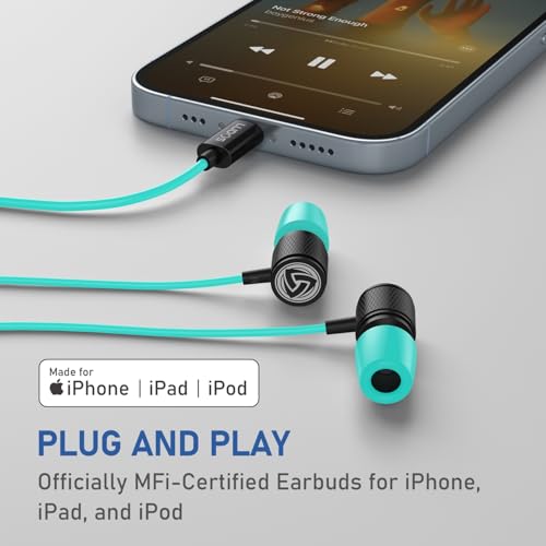 LUDOS Ultra iPhone Wired Headphones Earbuds Earphones with Lightning Connector Apple MFi Certified, 5 Years Warranty, for iPhone 14 13 12 11 Pro Max X XS XR 8 7 Plus with Microphone - Turquoise - color: Turquoise, style: Lightning