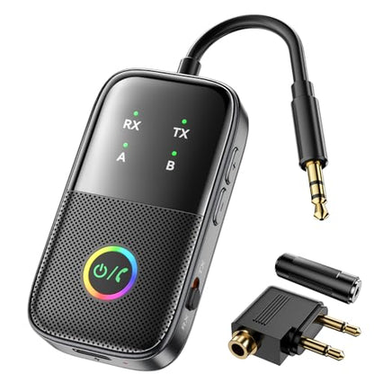 A5 Pro Bluetooth Transmitter Receiver,2-in-1 Airplane Bluetooth Adapter for Airplanes,TVs,Gyms,Supports Connecting 2 AirPods/Headphones,Low Latency and HD for Car/Home Stereo