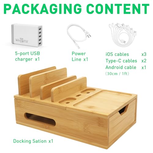 Bamboo Charging Station Organizer with Drawer & Tray, 5-Port USB Charger & 6 Cables, Magnetic Multi-Device Dock for Phones, Tablets, Smartwatches, Kindle, Home & Office