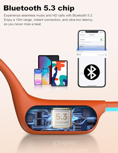 Bone Conduction Headphones, Open Ear Headphones with MP3 Mode 32GB, 10Hrs Playtime IP68 Waterproof Swimming Headphones Secure Fit for Running, Cycling, Work, Gift（Orange）