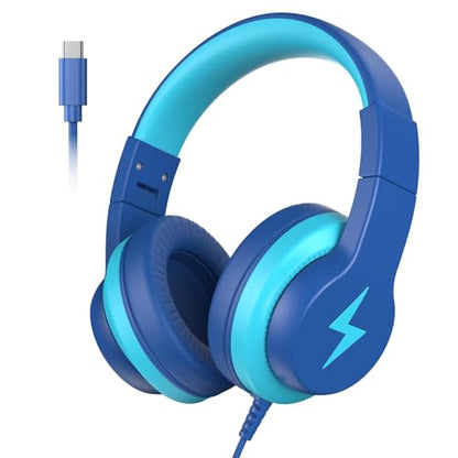 Candy Bila USB C Kids Headphones for School,Wired Over-Ear for Boys Girls | 85dB Safe Volume, Stereo Sound, Adjustable headband, Foldable Design,Compatible USB-C iPads, Tablets ,Deep Blue - color: Deep Bule