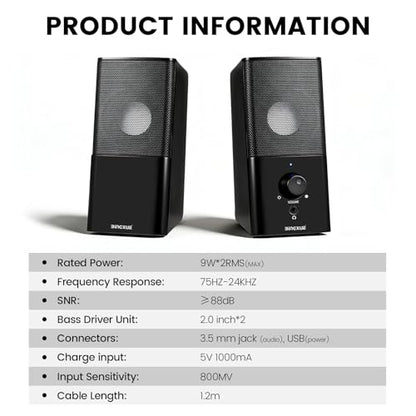 H21 Classic Computer Speakers for Desktop PC, Full Stereo Sound, USB-Powered, Gaming Speaker with 3.5mm Aux Multimedia for Laptop/Desktop/Tablets/Phone(Black