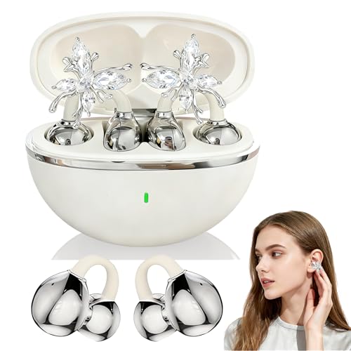 2026 New Jewelry-Inspired Clip-On Earbuds with Detachable Sparkle Butterfly Earrings, Bluetooth 6.0, Cute Wireless Headphones for Women, 50H Playtime, Low Latency, Sports & Workouts (White) - color: White
