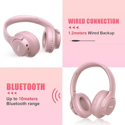 KVIDIO Bluetooth Headphones Over Ear, 65 Hours Playtime Wireless Headphones with Microphone, Foldable Lightweight Headset with Bass and Stereo Sound Low Latency for Travel Work Cellphone - color: Pink