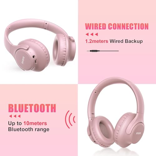 KVIDIO Bluetooth Headphones Wireless Over Ear Headsets 65H Playtime | Deep Bass, HiFi Stereo, Bluetooth 6.0, Microphone, Comfortable Fit, Foldable, Lightweight, Low Latency for Travel Home Office - color: Pink