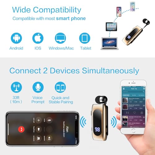 Retractable Wireless Headset Headphone Stereo Earphone V5.0 Noise Cancelling Mic Clip on Earpiece Comfortable HandsFree Headset 20Hrs Talking Time Sports Business Trucker Driver Earbud - color: Gold