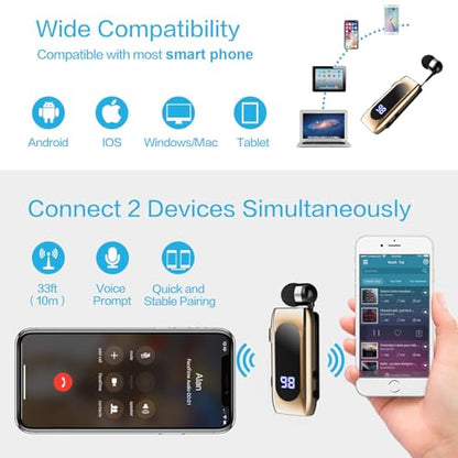 Retractable Wireless Headset Headphone Stereo Earphone V5.0 Noise Cancelling Mic Clip on Earpiece Comfortable HandsFree Headset 20Hrs Talking Time Sports Business Trucker Driver Earbud - color: Gold