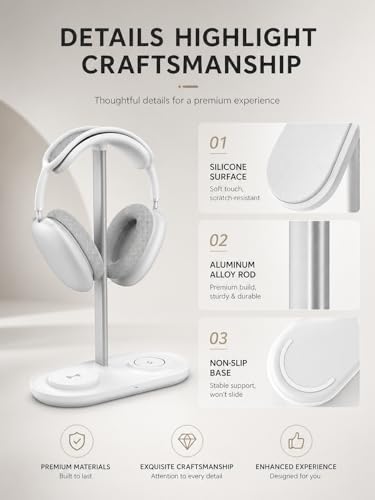 4 in 1 Headphone Stand, Airpod Max Charger Stand with 15W Wireless Charger | Headset Holder for AirPods Max 2/Pro/iWatch/Vision Pro, Charging for iPhone 17/16/15/14/13/12/11/X, Aluminum Alloy Rod, White - color: Cream White