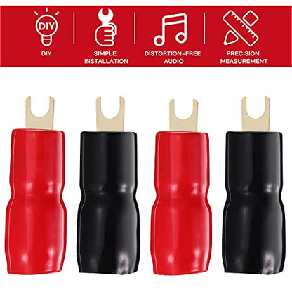 2 Pairs Copper Gold Plated 0 Gauge Spade Terminal Crimp Connectors Adapters Crimp Barrier Spades for Speaker Wire Cable Terminal Plug - 0GA (Red and Black)