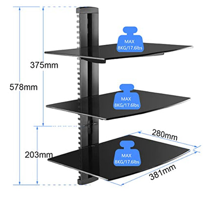 DVD Floating Shelf, Glass TV Wall Mount with Shelf for DVD Player / PS4 / Cable Boxes / Game Consoles / Sky Box / TV Accessories, Media Shelf, Flat Black Wall Mount Bracket, AV Shelves, 3 Tiers CS303B - size: 3 Shelves