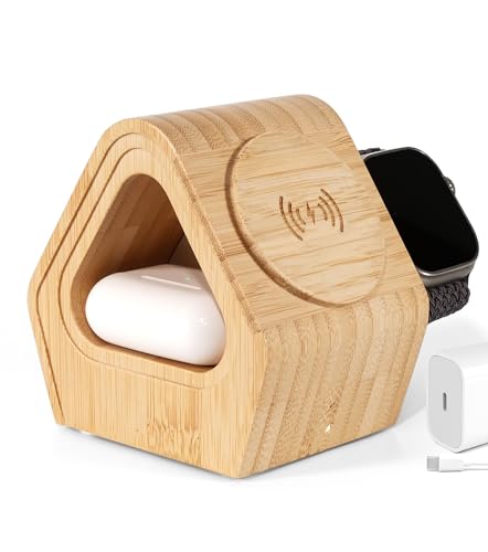 Bamboo Wireless Charger for Apple|3-in-1 Charger Stand|Cabin Style | Fast-Charging Station for MagSafe iPhone 17 16 15 14 13 12 Series, Watch 11-2, SE, Ultra& AirPods 4-2|Pro(20W Adapter)Natural