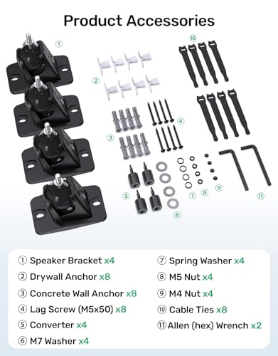 Surround Sound Rear Speaker Wall Mount, Aluminum, Max 11 lbs, 2 Pack | Adjustable Angle, Aluminum Build, Fits 1/4"-20, 5mm & 4mm Threads, Compatible with Roku, Samsung Q990D/Q990F and Others