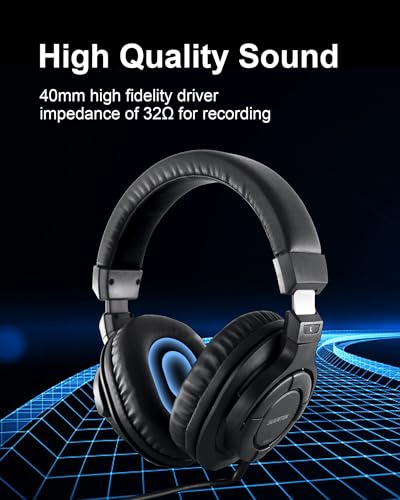 SUUNTOK Over Ear Wired Headphones MR810, Studio Monitor Headset with Closed Back Design Flexibale Professional Stereo Headphone with 3m Cable for Studio Monitering, Recording, Podcasting (Black)