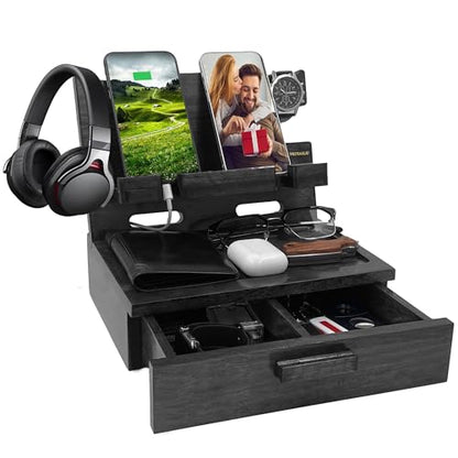 VEIYAILU Gifts for Him Husband Boyfriend Son Men Nightstand Organizer Wood Phone Docking Station Birthday Gifts (Black) - color: Black