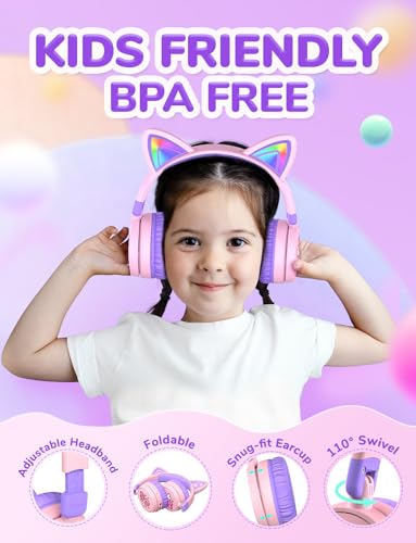 iClever Kids Bluetooth Headphones for Girls, LED Cat Ear Travel Gift | SafeSound Tech3.0, 60H Playtime, Bluetooth 5.3, USB C Charging, AUX Cable, Toddler Kids Headphones Wireless for Tablet PC - color: Peach Pink-Wireless