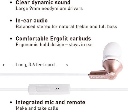 Panasonic ErgoFit Wired Earbuds with Microphone, 3.5mm Jack Headphones with Mic and Call Controller, Ergonomic Custom-Fit Earpieces (S/M/L), for Phones and Laptops - RP-TCM125-N (Rose Gold) - color: Rose Gold, size: S/M/L, style: With Mic