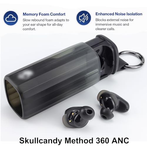 Memory Foam Ear Tips for Skullcandy Method 360 ANC Earbuds, S/M/L | Secure Fit, Noise Cancel Improved, Portable Storage Box, Replacement Ear Tip (3 Pairs, Black)