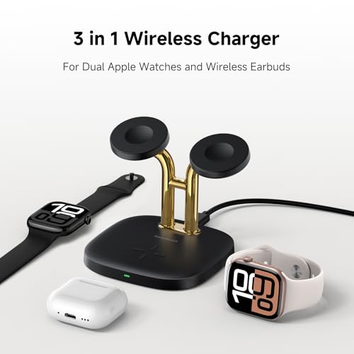 3 in 1 Dual Watch Wireless Charger Stand for Apple Watch Ultra/11 & AirPods | Dual magnetic watch charging, 5W Fast watch charge, Ergonomic design, Chrome plated plastic stand, Multi safety guard, 704A - color: Black & Gold