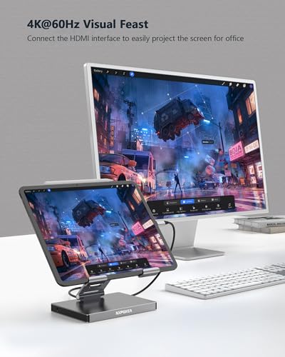 iPad USB C Hub Stand, 9-in-1 Multiport Adapter for iPad Pro M4 M3 M2 13 12.9 11 Inch Docking Station Foldable with 4K60Hz HDMI, RJ45 Gigabit Ethernet, SD/TF Card Reader, USB 3.0, 3.5 mm Audio