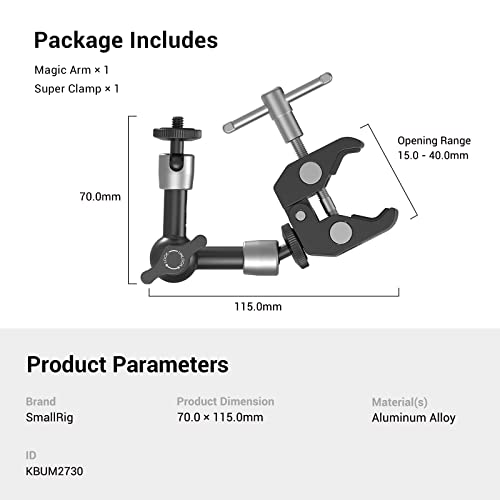 SMALLRIG Super Clamp w/ 1/4" and 3/8" Thread and 5.8 Inches Adjustable Friction Power Articulating Magic Arm with 1/4" Thread Screw for LCD Monitor/LED Lights - KBUM2730 - size: 5.8''+arm only