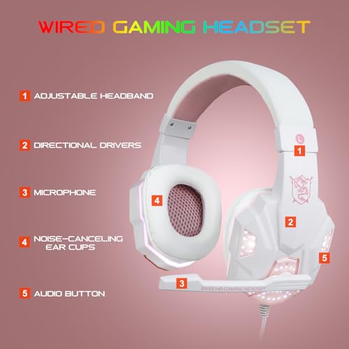 BlueFinger RGB Gaming Keyboard and Backlit Mouse and Headset Combo, USB Wired Backlit Keyboard, LED Gaming Mouse Set, Headset with Microphone for Laptop PC Computer Game and Work (White & Pink) - color: White & Pink