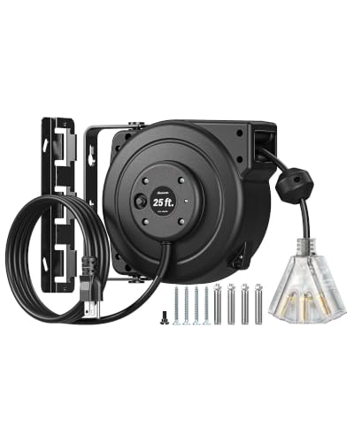 DEWENWILS 25FT Retractable Extension Cord Reel, 3-Outlet,14/3C SJTOW Cable - color: 25 Ft 14awg Black