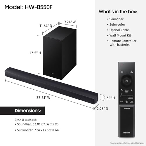 Samsung B-Series Soundbar HW-B550F 2.1 ch DTS Virtual:X Soundbar with Subwoofer (2025 Model) Voice Enhance Mode, Bass Boost, Adaptive Sound - style: HW-B550F