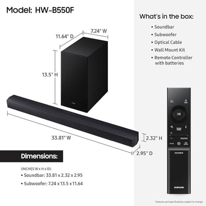 Samsung B-Series Soundbar HW-B550F 2.1 ch DTS Virtual:X Soundbar with Subwoofer (2025 Model) Voice Enhance Mode, Bass Boost, Adaptive Sound - style: HW-B550F